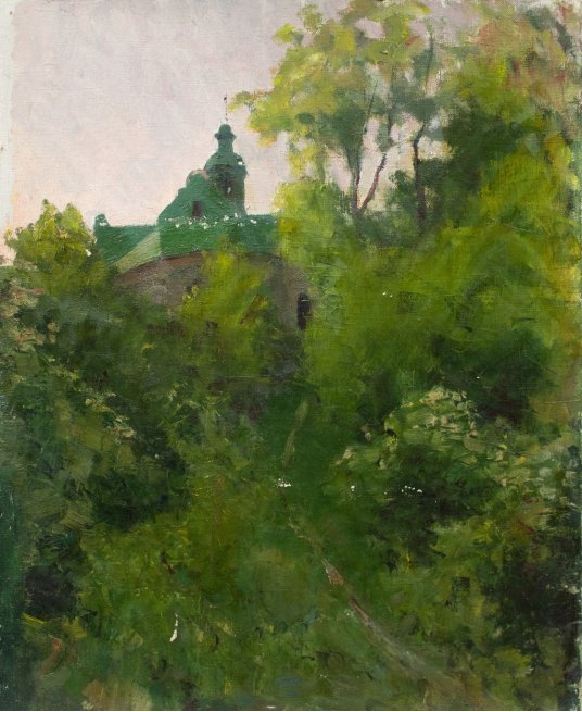 "Green landscape with church"
