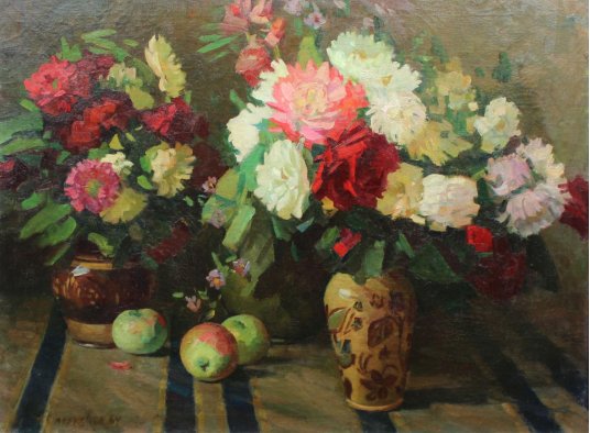 "Flowers in a vase and apples"