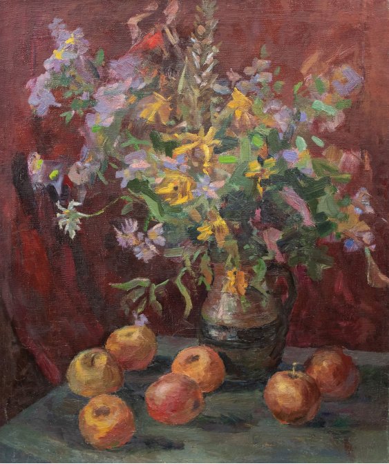 "Jug with flowers and apples"