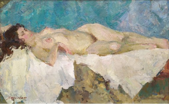 "Nude on a white sheet"